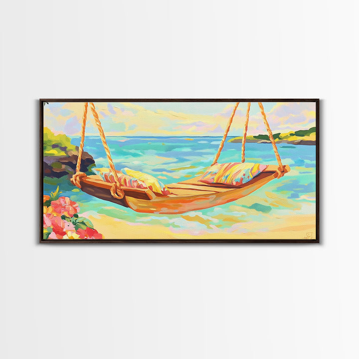 Tropical Beach Hammock Over Turquoise Water Canvas Print, Coastal Wall Art, Beach House Decor, Summer Living Room Decor Gift