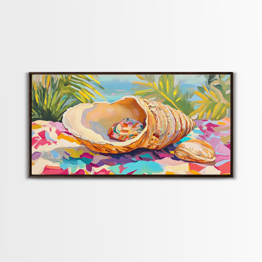 Colorful Seashell On Tropical Table Wall Art, Coastal Beach House Decor, Ocean Shell Canvas Print, Summer Nautical Gift Idea