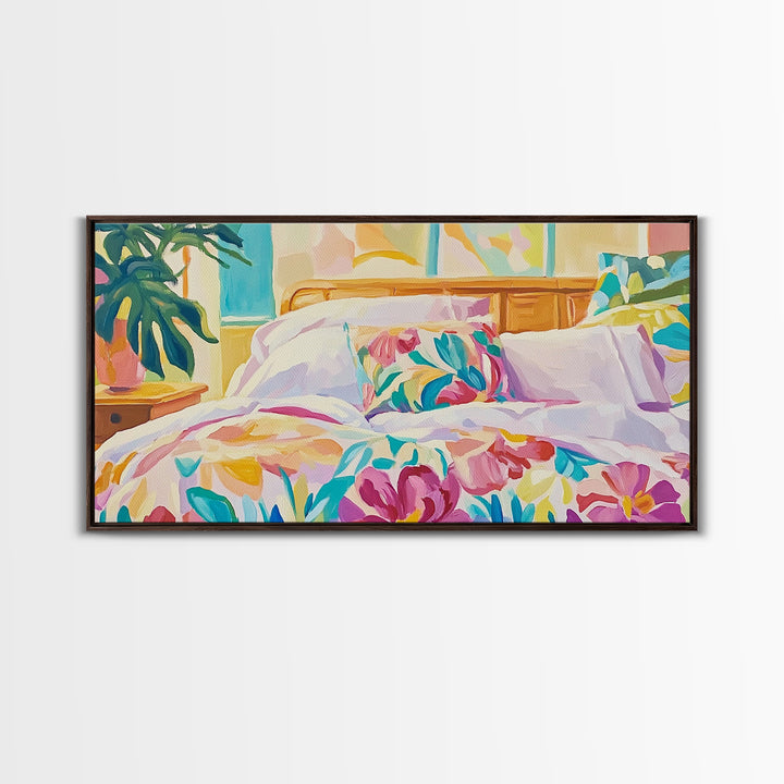 Bright Floral Bedding In Sunlit Bedroom Wall Art, Cozy Master Bedroom Decor, Tropical Canvas Print, Above Bed Gift For Her