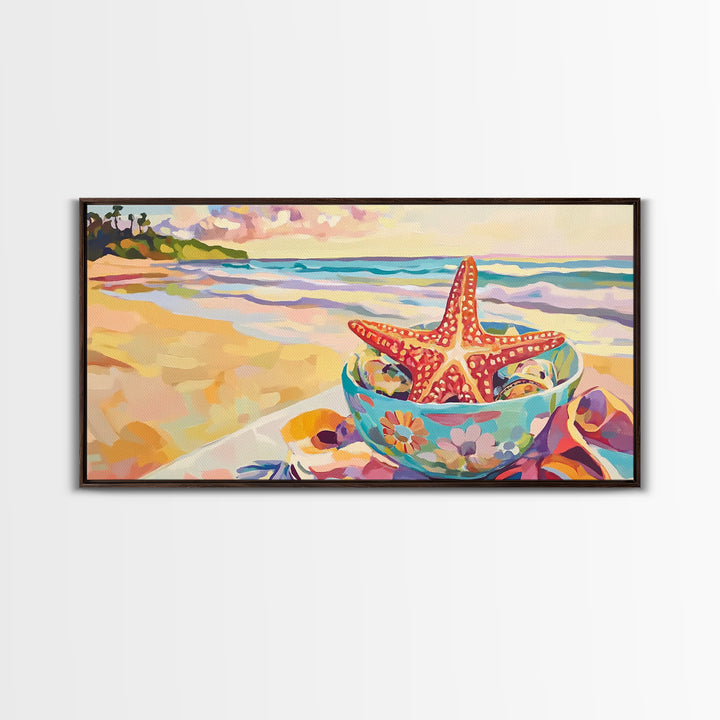 Red Starfish In Floral Bowl Beach Wall Art, Coastal Canvas Print, Ocean Decor, Beach House Gift For Her, Summer Seascape