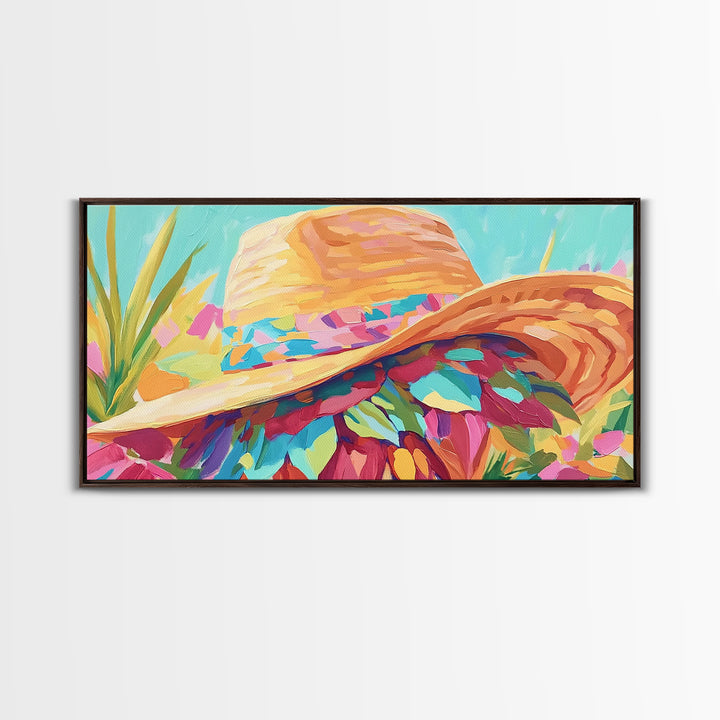 Sunlit Straw Hat With Floral Scarf Canvas Print, Coastal Cowgirl Wall Art, Summer Fashion Decor, Boho Home Decor, Gift For Her