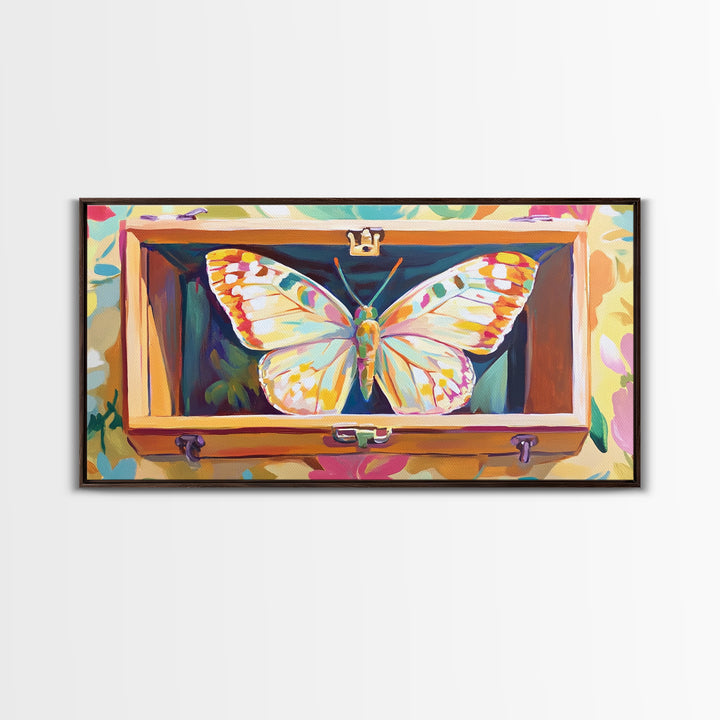 White Butterfly In Wooden Case Framed Canvas Print, Whimsical Animal Wall Art, Nature Inspired Art, Colorful Home Decor Gift