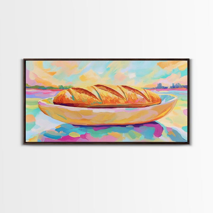 Golden Croissant On Coastal Plate Canvas Print, French Bakery Kitchen Wall Art, Beach House Decor, Cafe Poster, Food Lover Gift