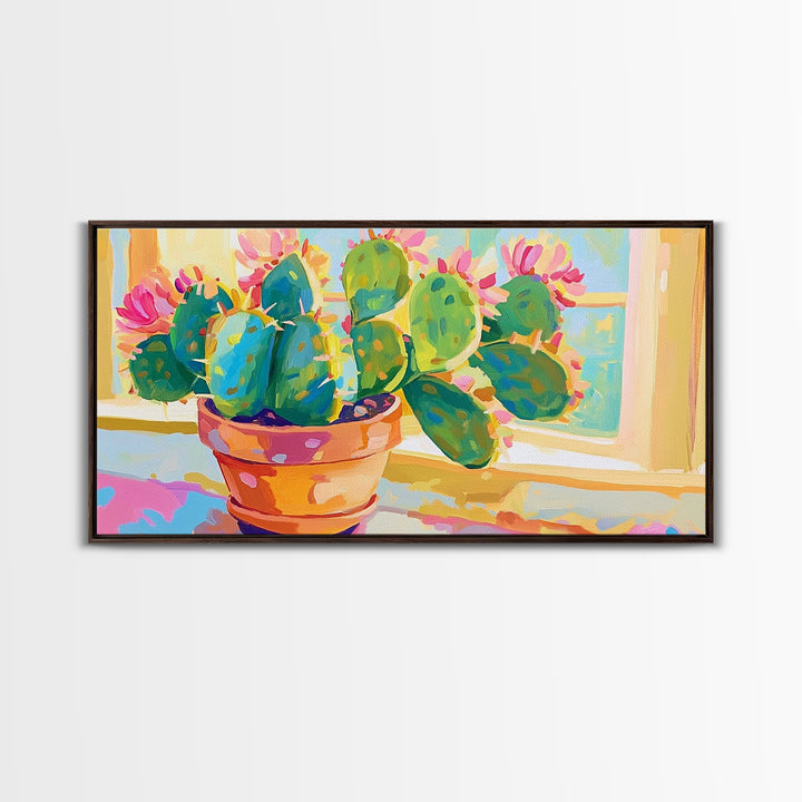Blooming Prickly Pear Cactus Framed Canvas Print, Colorful Botanical Wall Art, Sunny Window Plant Lover Gift, Boho Home Decor