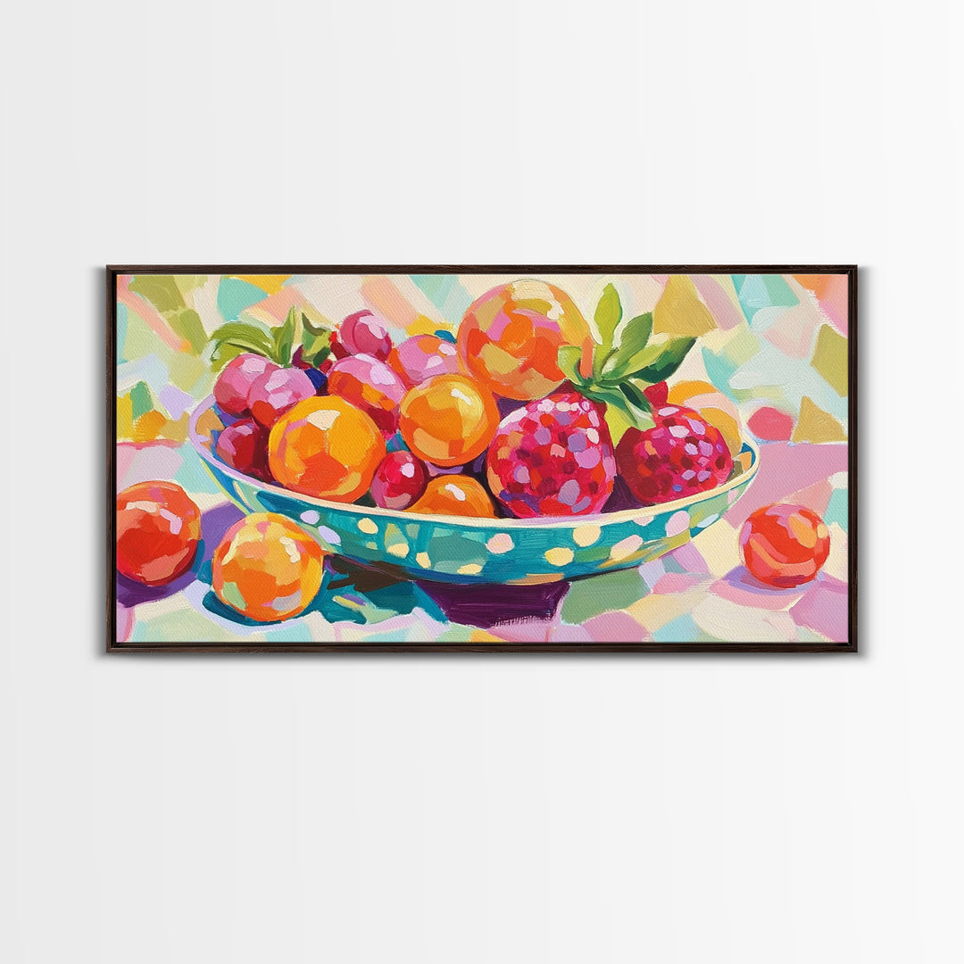 Bright Fruit Bowl With Berries Canvas Print, Colorful Kitchen Wall Art, Fruit Art Painting, Dining Room Prints, Foodie Gift