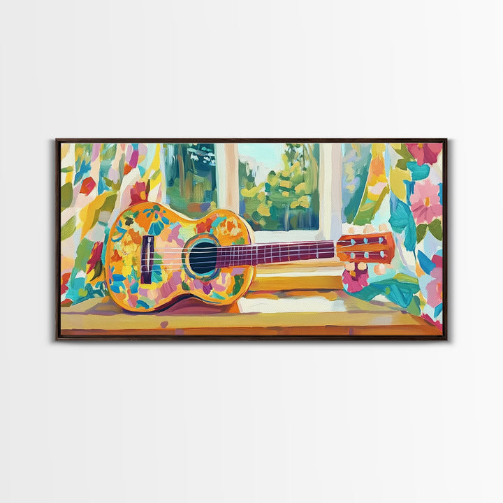 Painted Ukulele By Sunny Window Framed Canvas Print, Music Room Decor, Tropical Wall Art, Boho Home Decor, Gift For Music Lover