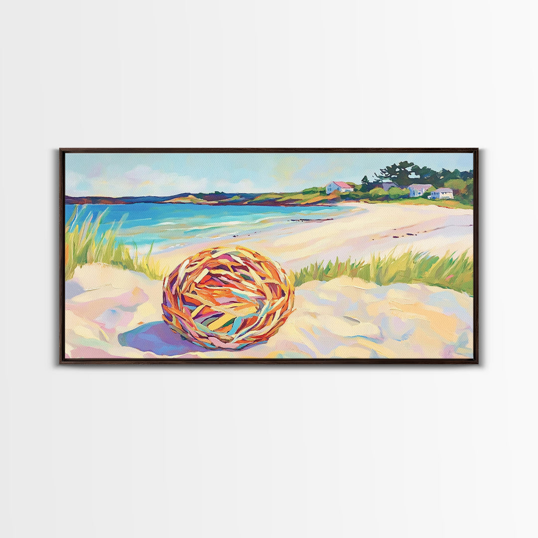 Woven Beach Ball On Sandy Shore Wall Art, Coastal Seascape Canvas, Beach House Decor, Summer Ocean Landscape Print Gift For Her