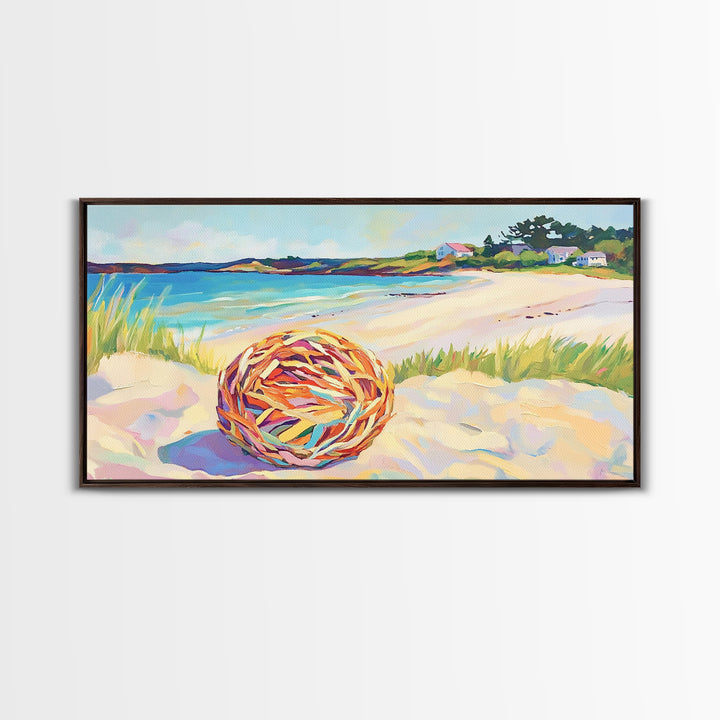 Woven Beach Ball On Sandy Shore Wall Art, Coastal Seascape Canvas, Beach House Decor, Summer Ocean Landscape Print Gift For Her