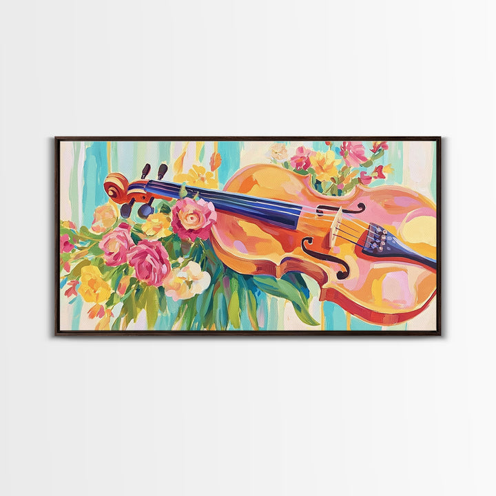 Romantic Violin With Garden Flowers Framed Canvas Print, Music Room Decor, Floral Wall Art, Gift For Music Lover, Elegant Fine Art Print