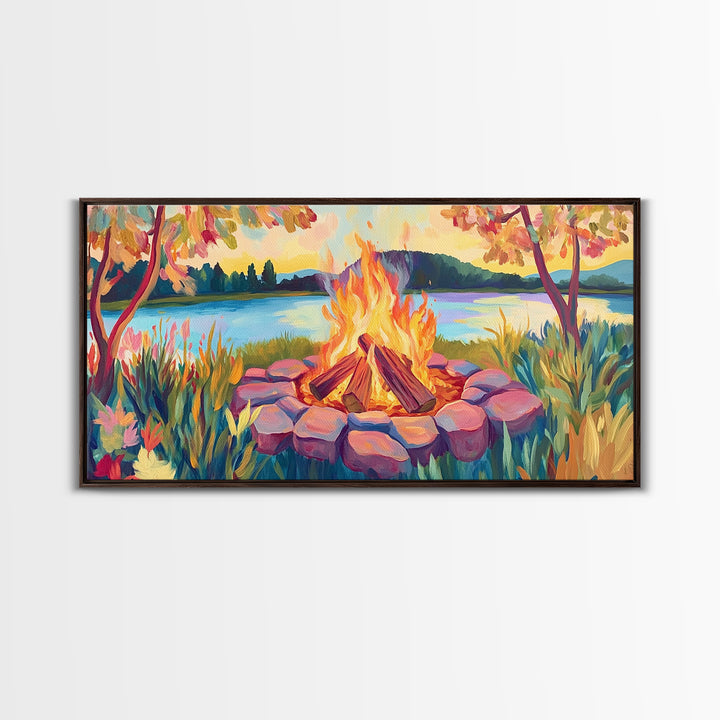 Lakeside Campfire At Sunset Framed Canvas Print, Cozy Cabin Wall Art, Rustic Home Decor, Nature Landscape Gift, Lake House Decor