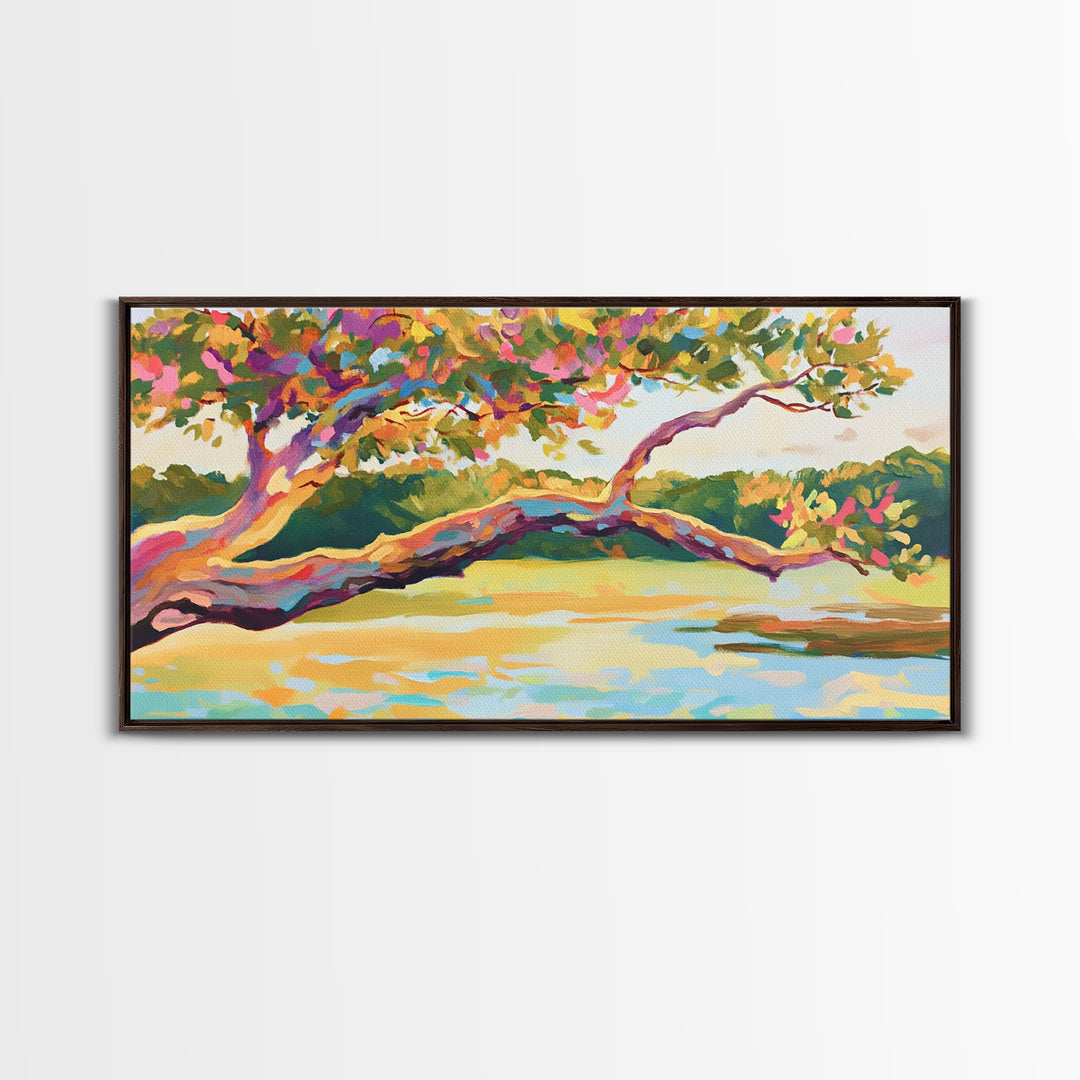 Colorful Lakeside Tree Wall Art, Vibrant Landscape Painting, Nature Canvas Wall Art, Living Room Decor, Housewarming Gift