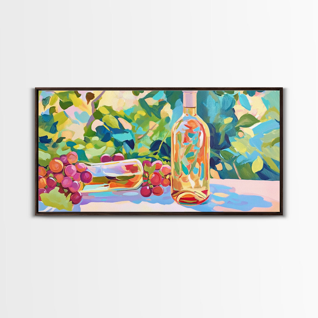 Sunlit Wine Bottle And Grapes Framed Canvas Print, Vineyard Kitchen Wall Art, Winery Decor, Wine Lover Housewarming Gift