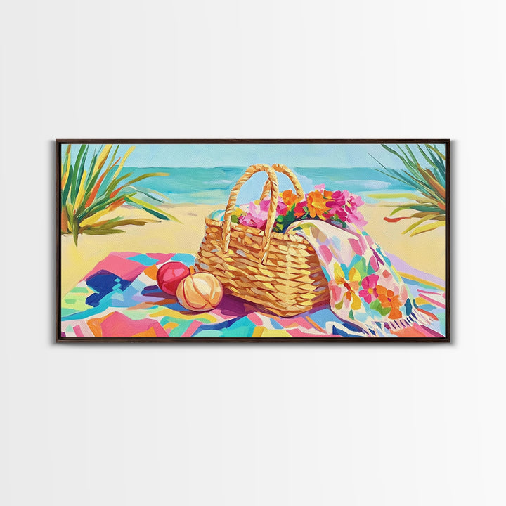 Beach Picnic Basket With Flowers Wall Art, Coastal Canvas Print For Beach House Decor, Summer Living Room Decor, Gift For Her