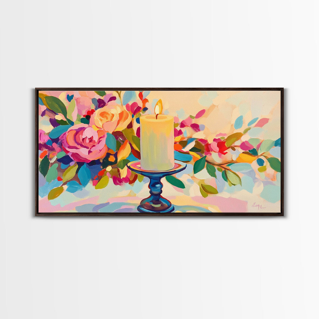 Lit Candle Among Lush Flowers Wall Art, Romantic Floral Framed Canvas Print For Bedroom Decor, Spa Decor, Gift For Her, Home Decor