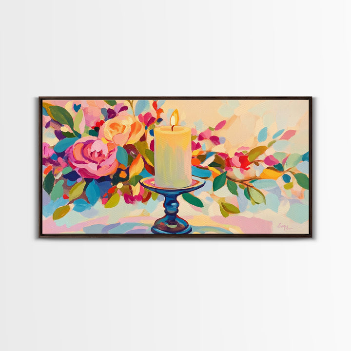 Lit Candle Among Lush Flowers Wall Art, Romantic Floral Framed Canvas Print For Bedroom Decor, Spa Decor, Gift For Her, Home Decor