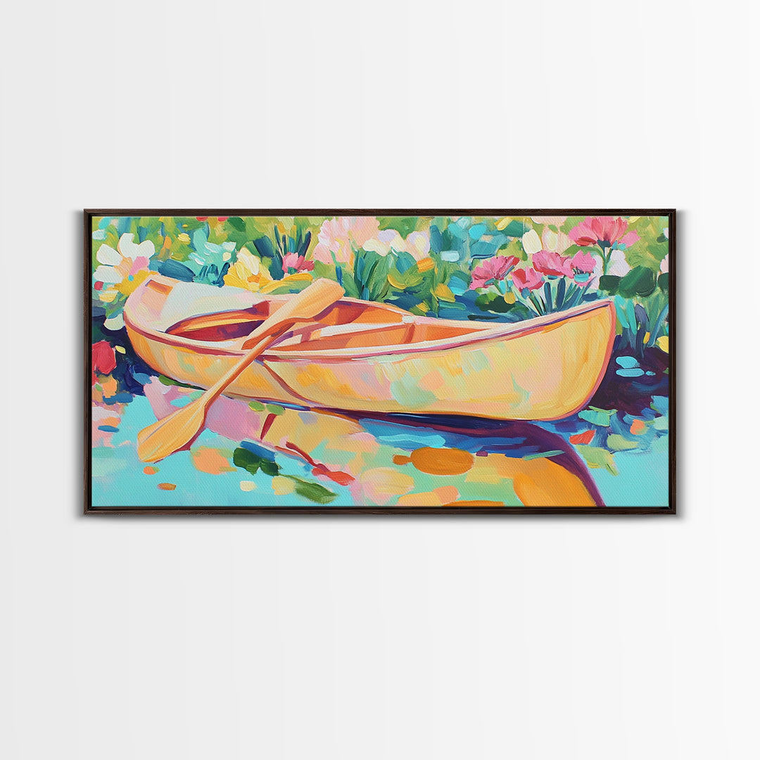 Yellow Canoe With Paddle In Floral Water Canvas Print, Coastal Wall Art, Lake House Decor, Boho Landscape, Housewarming Gift