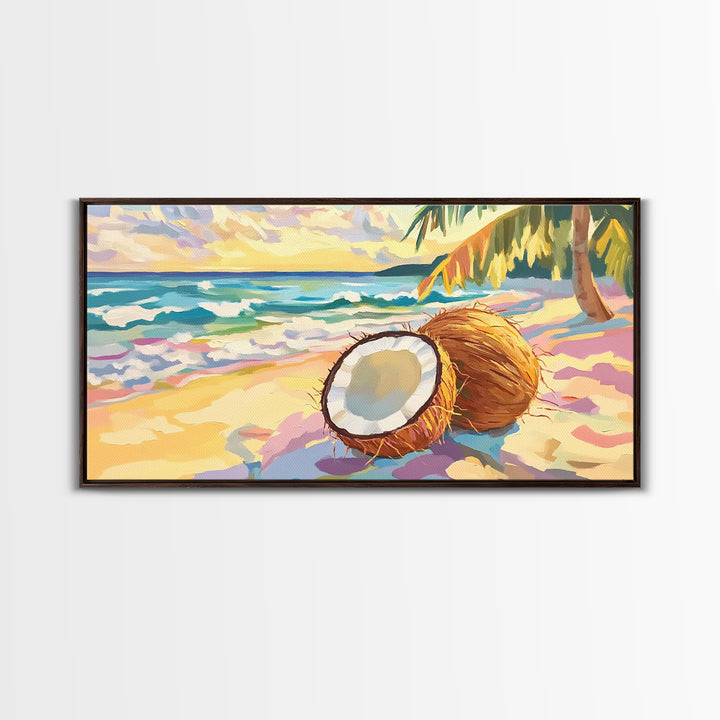 Tropical Coconut Beach Scene Canvas Print, Coastal Wall Art, Ocean Decor, Beach House Decor, Summer Kitchen Art, Gift For Her