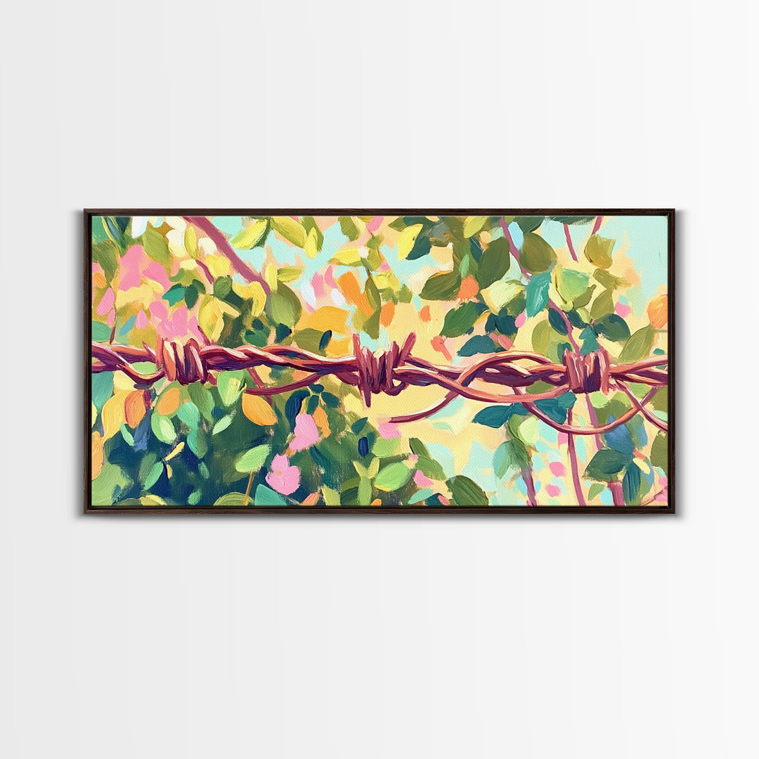 Barbed Wire And Green Vines Canvas Print, Rustic Farmhouse Wall Art, Country Decor, Western Wall Decor, Nature Art, Ranch Decor