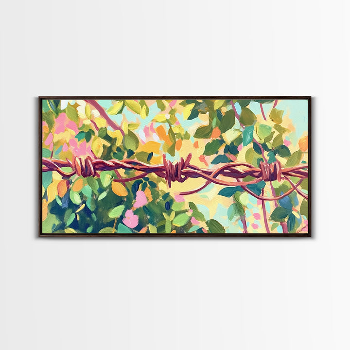 Barbed Wire And Green Vines Canvas Print, Rustic Farmhouse Wall Art, Country Decor, Western Wall Decor, Nature Art, Ranch Decor