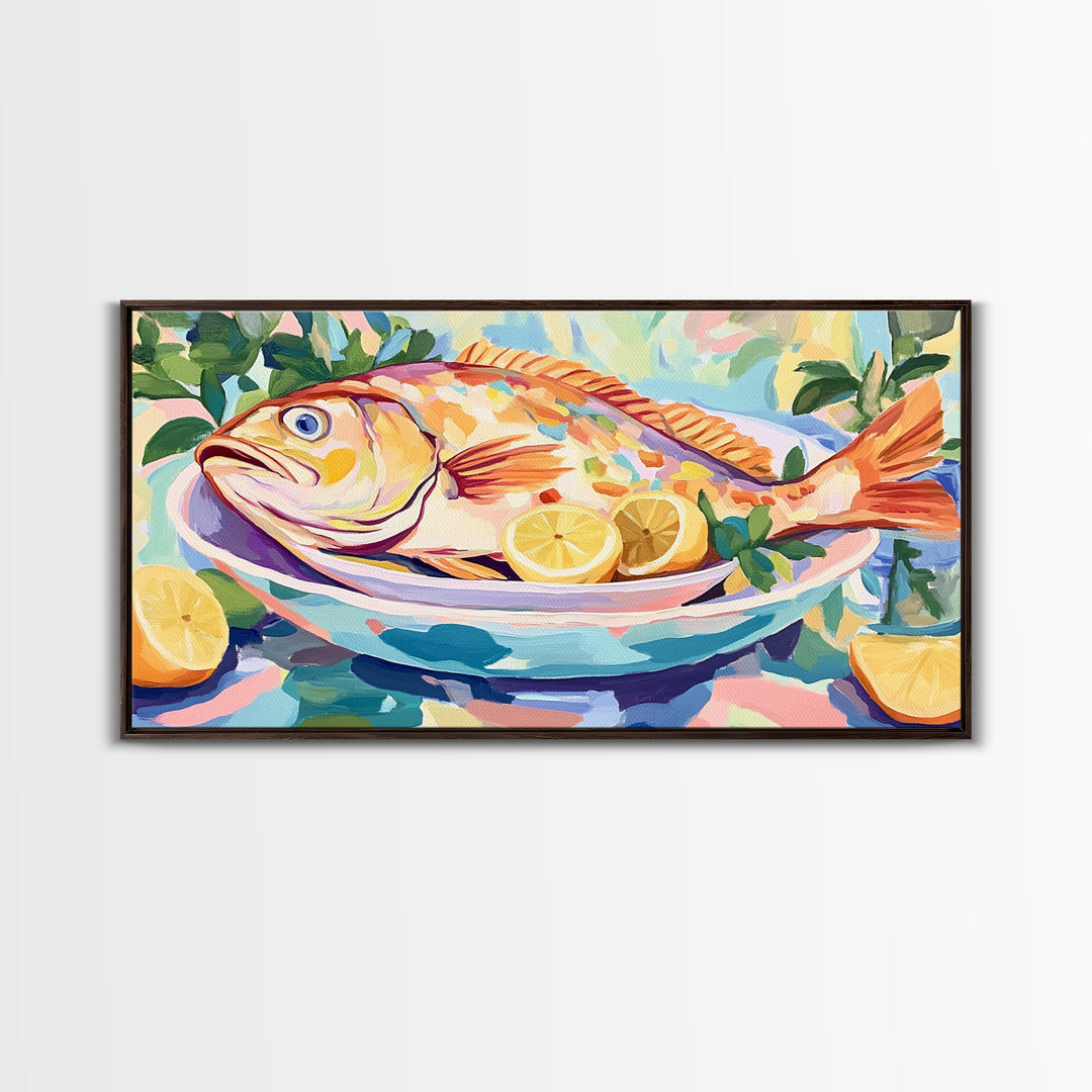 Whole Fish With Lemons On Platter Canvas Print, Coastal Kitchen Wall Art, Seafood Wall Decor, Nautical Home Decor Gift Idea