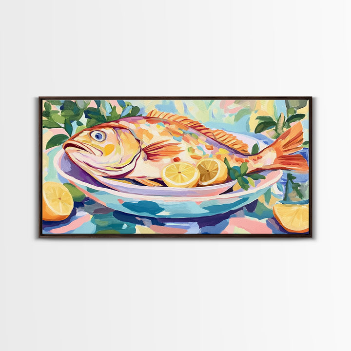 Whole Fish With Lemons On Platter Canvas Print, Coastal Kitchen Wall Art, Seafood Wall Decor, Nautical Home Decor Gift Idea