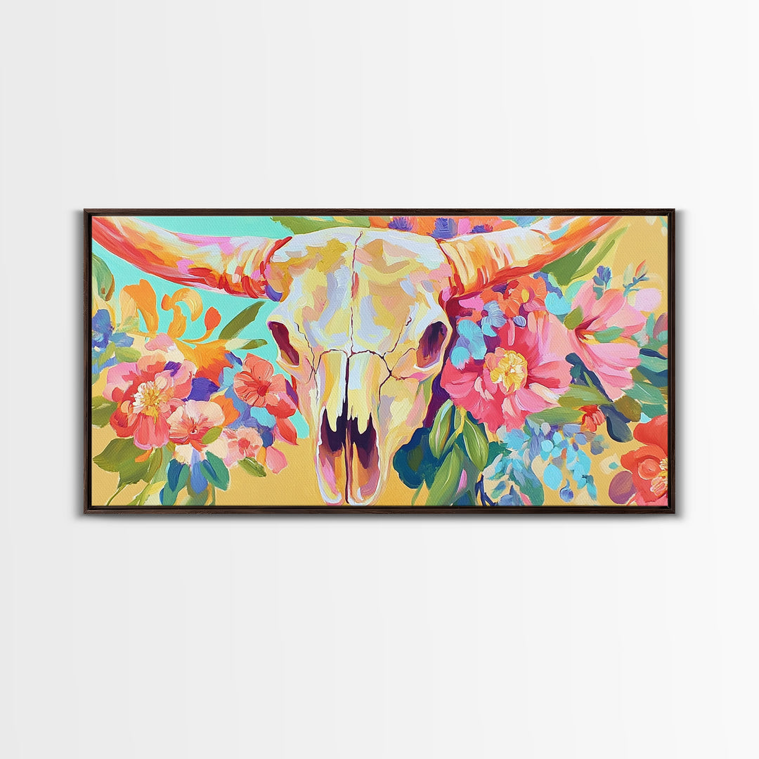 Floral Longhorn Skull With Pink Blooms Wall Art, Western Canvas Print, Cowgirl Decor, Boho Southwestern Housewarming Gift