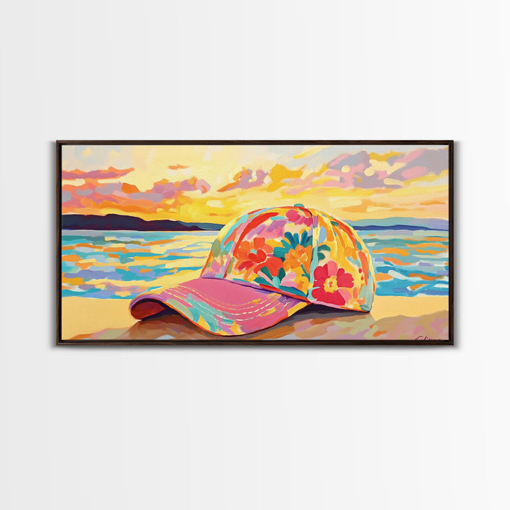 Floral Baseball Cap Wall Art, Beach Sunset Canvas Print, Coastal Cowgirl Decor, Ocean Wall Art, Summer Gift For Her, Beach House Decor