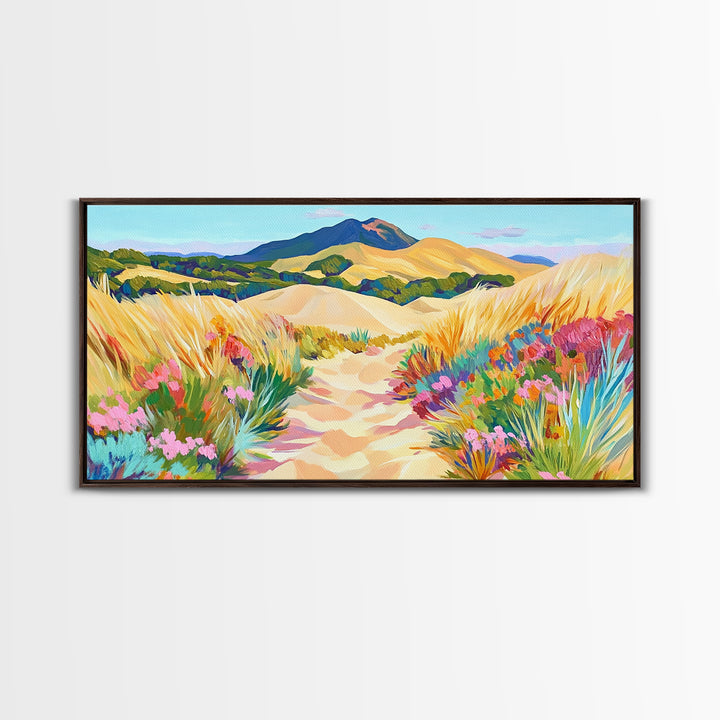 Golden Dune Path Canvas Print, Wildflower Landscape Wall Art, Coastal Desert Decor, Mountain Wall Art, Large Horizontal Art