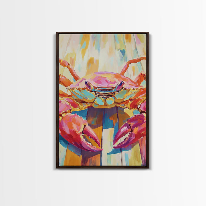 Vibrant Pink Crab On Weathered Dock Wall Art, Coastal Canvas Print For Beach House Decor, Ocean Wall Art, Seafood Gift Print