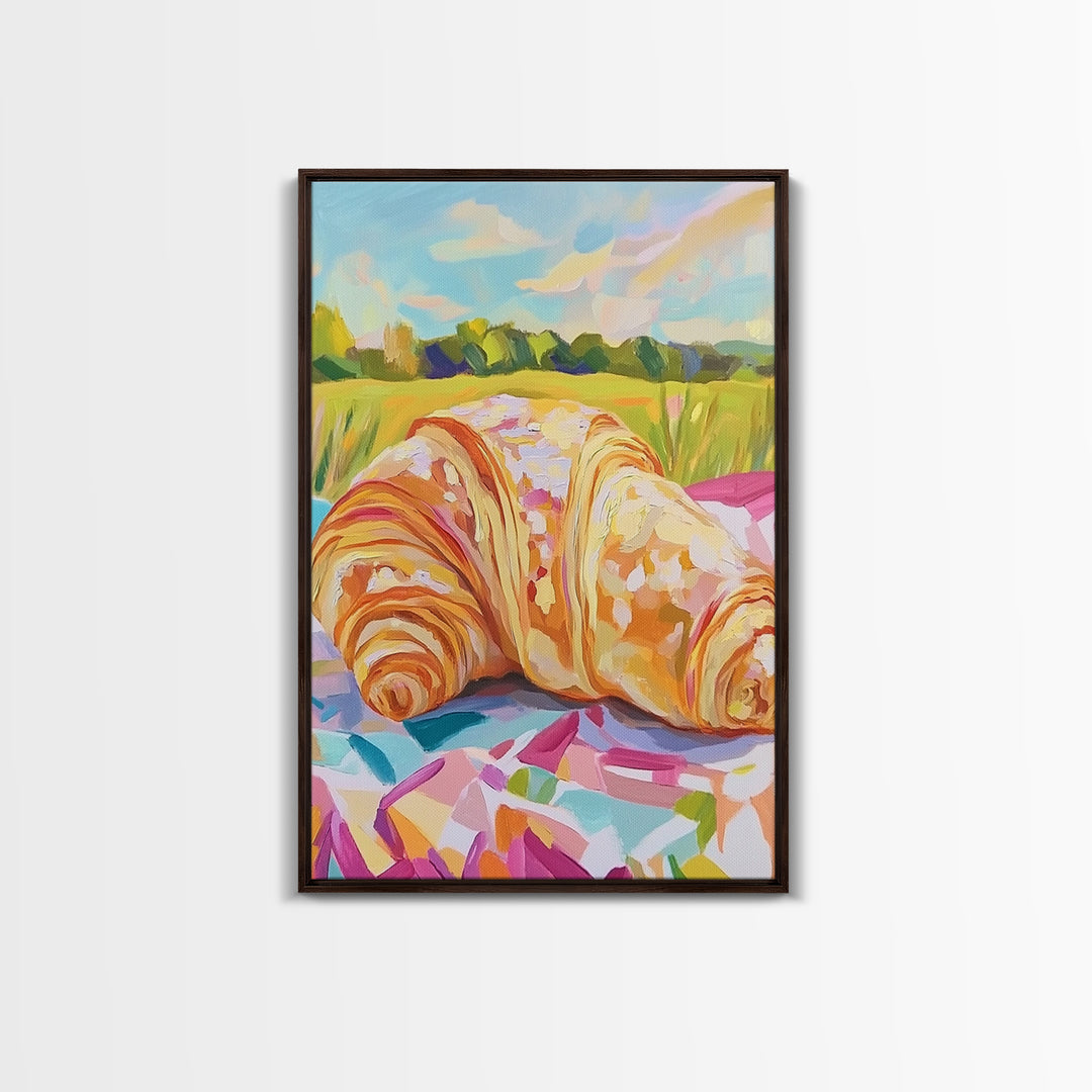 Golden Croissant Picnic In Sunny Field Wall Art, French Bakery Canvas Print For Kitchen Decor, Cafe Art Print, Foodie Gift