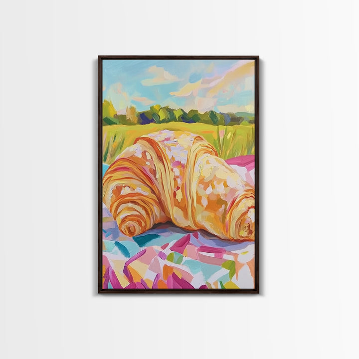 Golden Croissant Picnic In Sunny Field Wall Art, French Bakery Canvas Print For Kitchen Decor, Cafe Art Print, Foodie Gift
