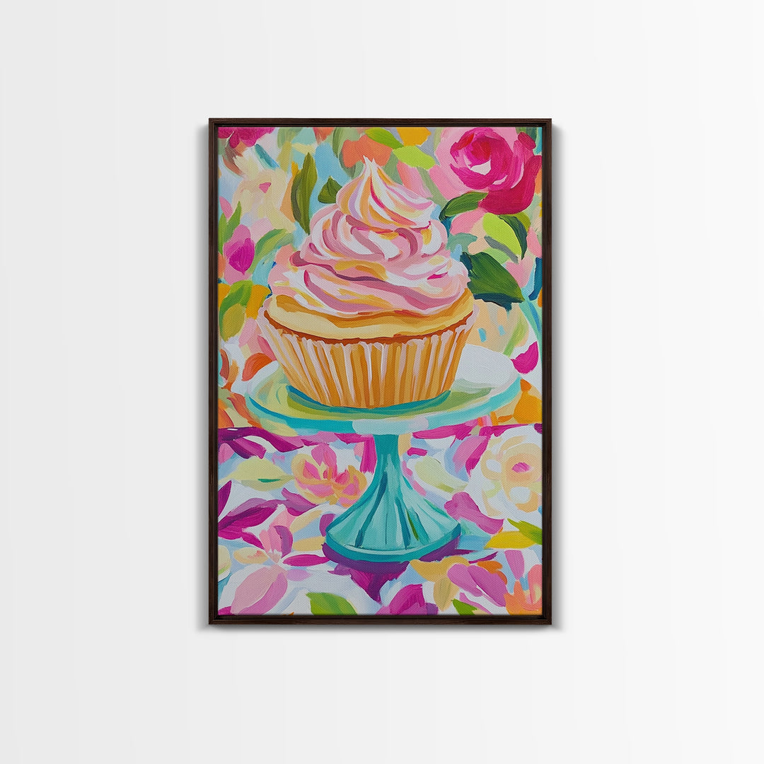 Pink Cupcake On Turquoise Cake Stand Wall Art, Cute Bakery Canvas Print For Kitchen Decor, Girls Room Art, Gift For Baker