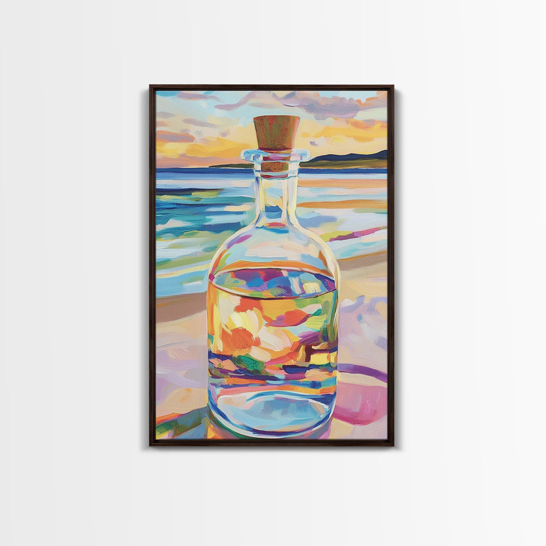 Glass Bottle At Sunset Beach Wall Art, Coastal Canvas Print For Ocean Decor, Seascape Art, Beach House Decor Gift For Her