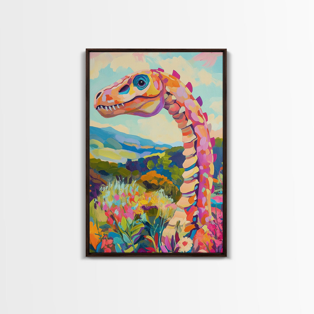 Whimsical Dinosaur In Colorful Hills Framed Canvas Print, Kids Room Wall Art, Nursery Decor, Fantasy Landscape Art Gift Idea