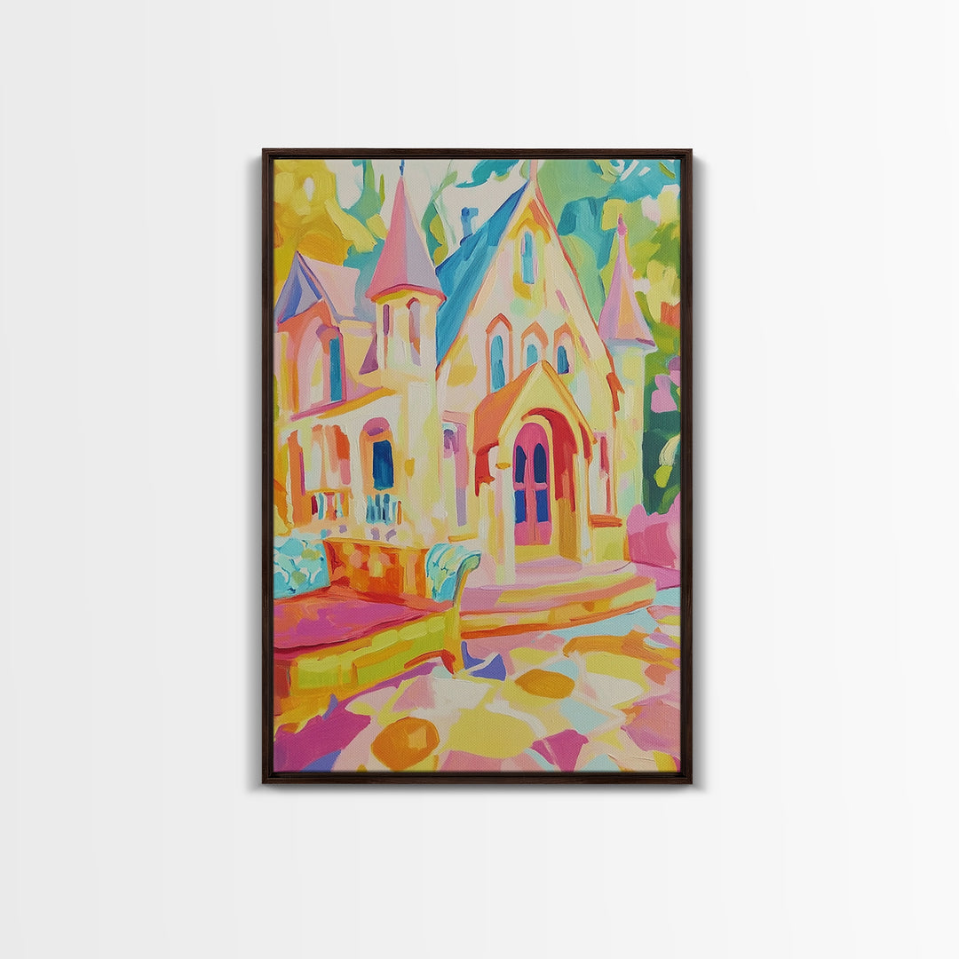 Pastel Storybook Castle With Swan Framed Canvas Print, Whimsical Wall Art, Kids Room Decor, Fairy Tale Nursery Gift For Girls Room