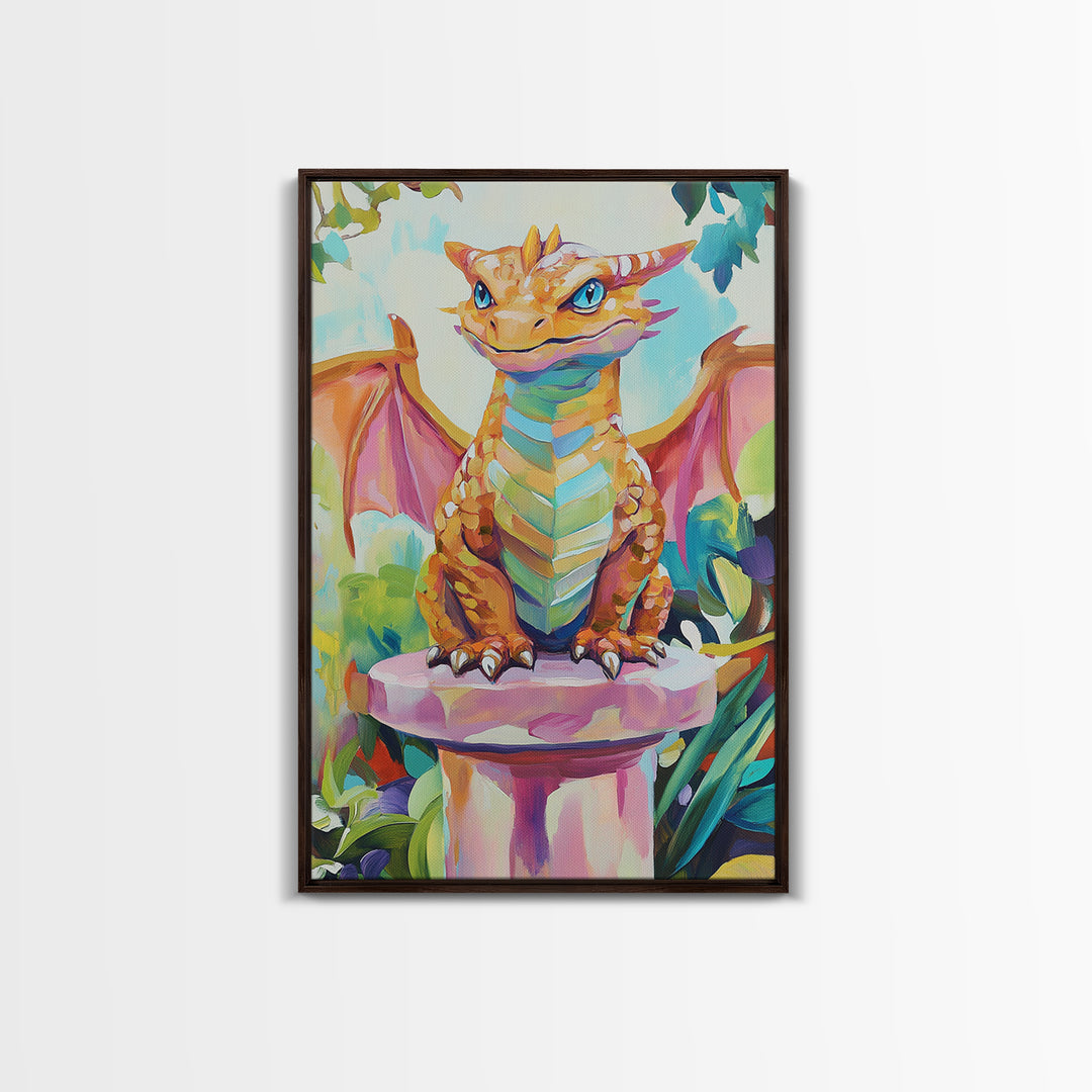 Cute Baby Dragon On Pedestal Canvas Print, Fantasy Wall Art, Whimsical Nursery Decor, Kids Room Art Gift For Dragon Lovers