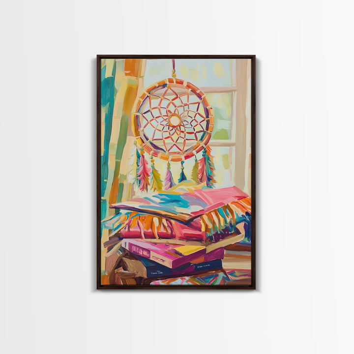 Boho Dreamcatcher And Stacked Books By Window Canvas Print, Whimsical Wall Art, Reading Nook Decor, Colorful Bedroom Art