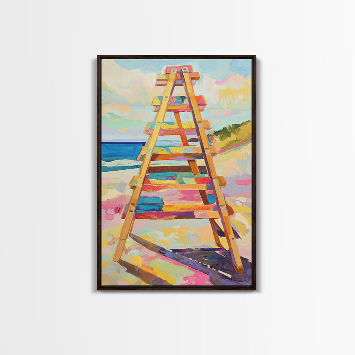 Pastel Beach Ladder Leading To Blue Ocean Wall Art, Coastal Wall Decor, Summer Beach House Decor, Large Canvas Print, Housewarming Gift