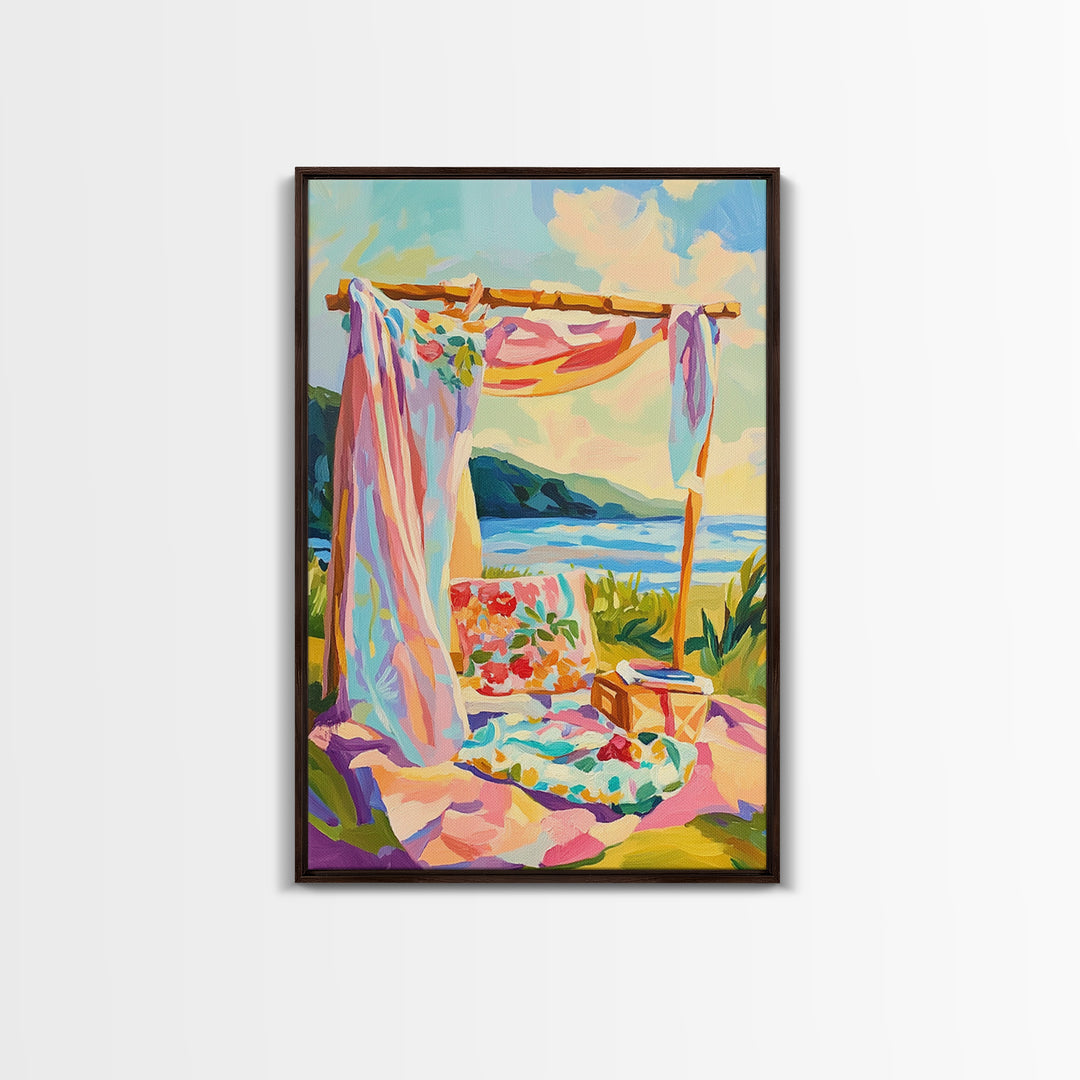 Sunny Beach Cabana Picnic Canvas Print, Coastal Wall Art, Tropical Beach House Decor, Summer Ocean Landscape, Gift For Her