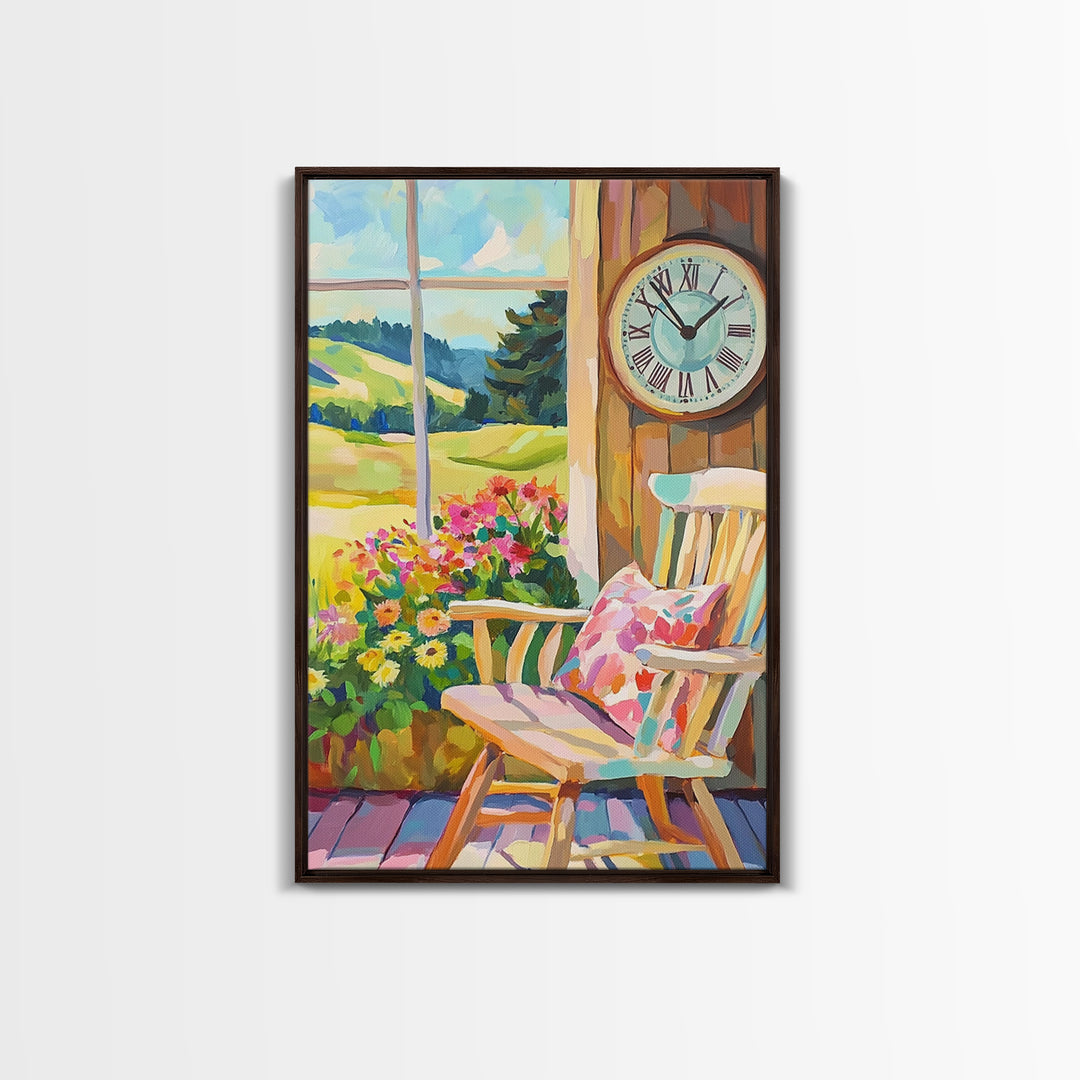 Sunlit Porch Rocking Chair Canvas Print, Country Wall Art, Farmhouse Decor, Floral Landscape Art, Cozy Living Room Decor Gift