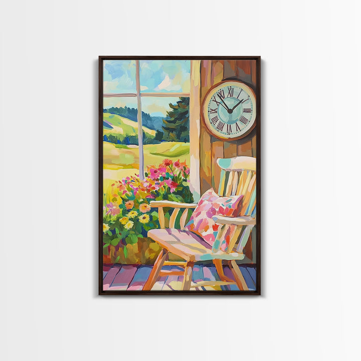 Sunlit Porch Rocking Chair Canvas Print, Country Wall Art, Farmhouse Decor, Floral Landscape Art, Cozy Living Room Decor Gift