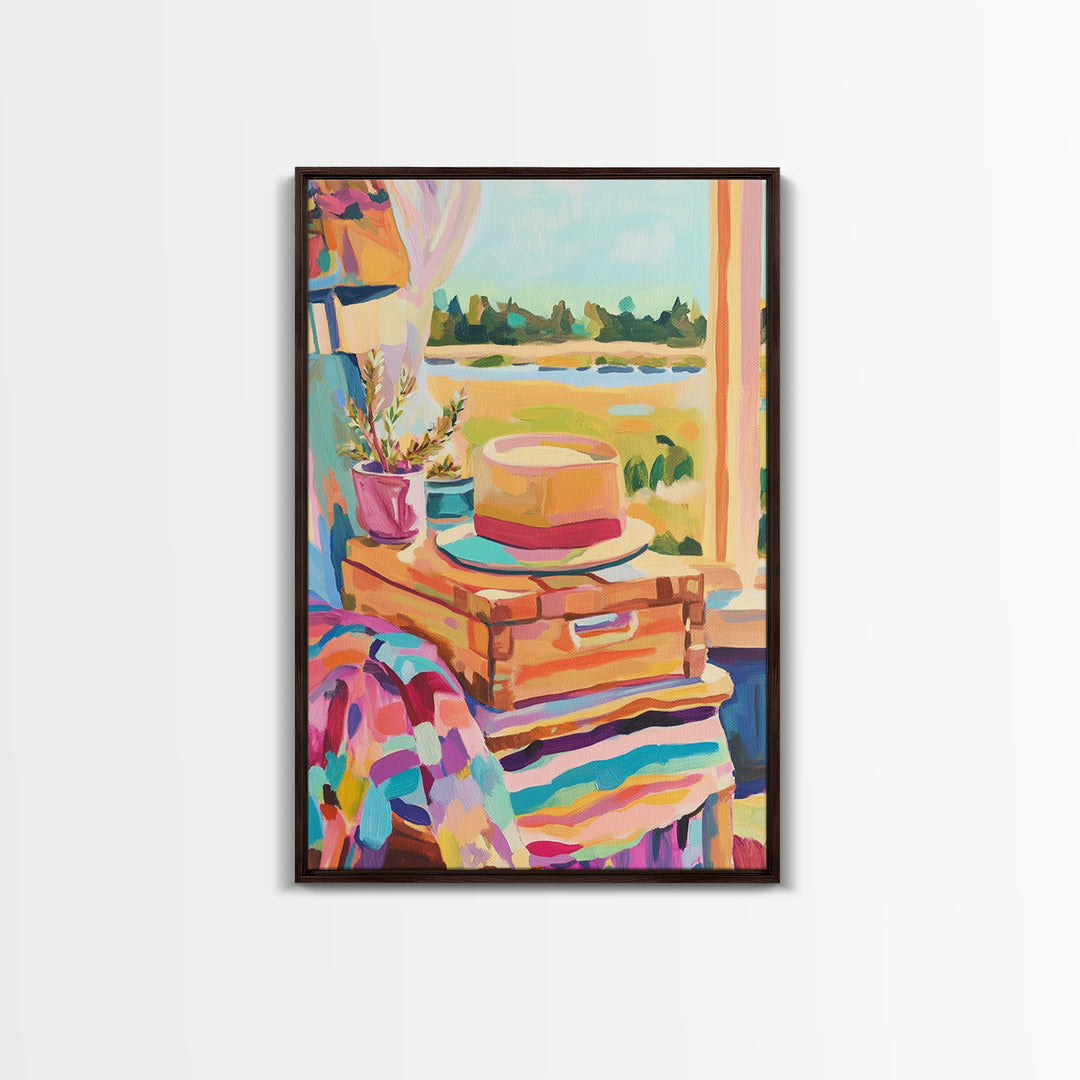 Sun Hat On Suitcase By Coastal Window Wall Art, Travel Canvas Print, Beach House Decor, Summer Bedroom Art, Gift For Her