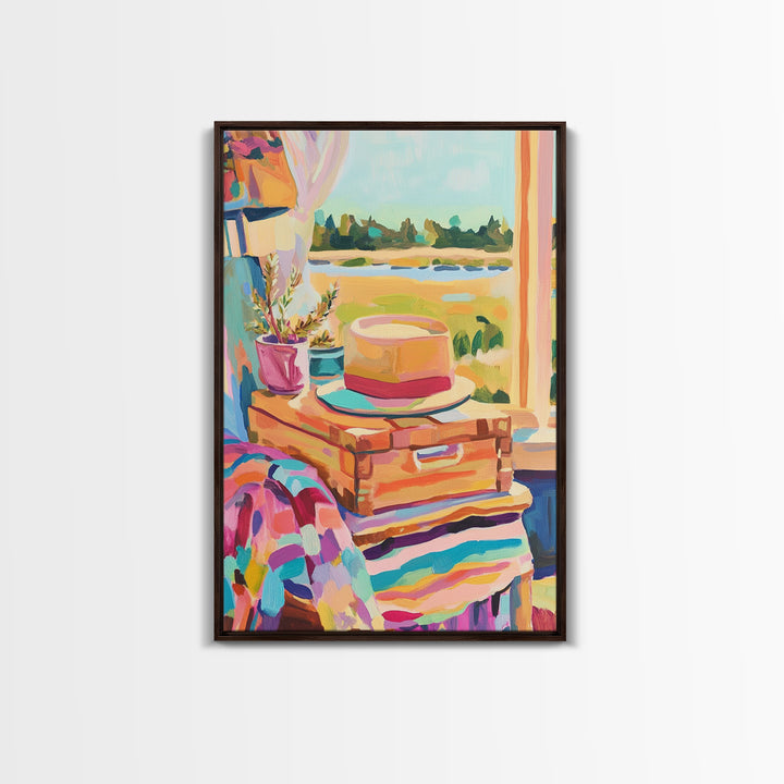 Sun Hat On Suitcase By Coastal Window Wall Art, Travel Canvas Print, Beach House Decor, Summer Bedroom Art, Gift For Her