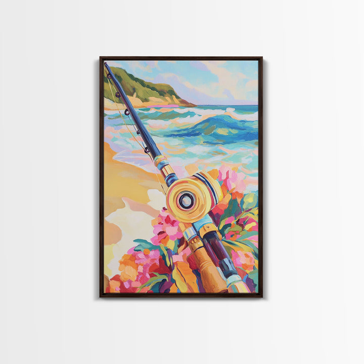 Beach Fishing Rod And Tropical Flowers Canvas Print, Coastal Wall Art, Ocean Wall Decor, Gift For Him, Beach House Decor