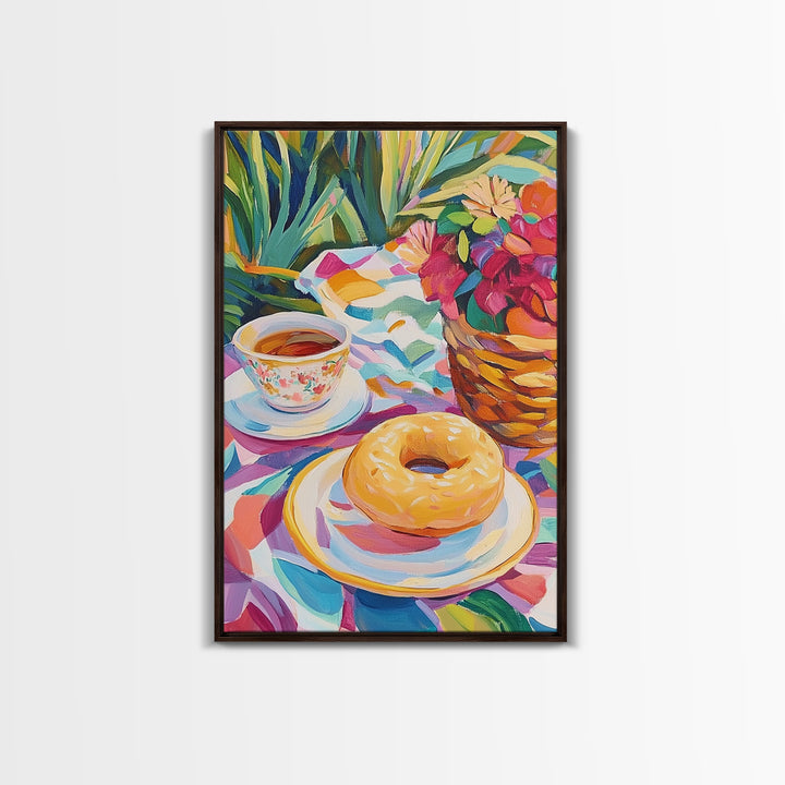 Tea Cup And Glazed Donut Garden Picnic Canvas Print, Kitchen Wall Art, Coffee Bar Decor, Whimsical Food Art, Gift For Her