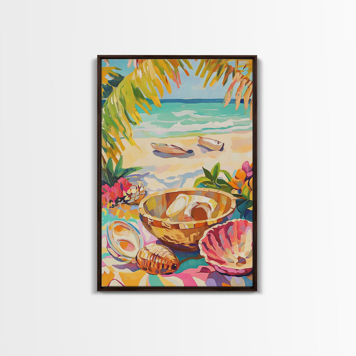 Tropical Seashell Bowl Canvas Print, Coastal Wall Art, Beach House Decor, Ocean Art Print, Summer Living Room Decor, Gift For Her