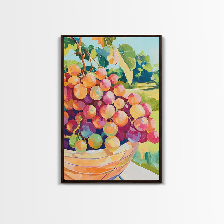 Bowl Of Rosy Grapes Canvas Print, Colorful Kitchen Wall Art, Vineyard Fruit Painting, Dining Room Decor, Housewarming Gift