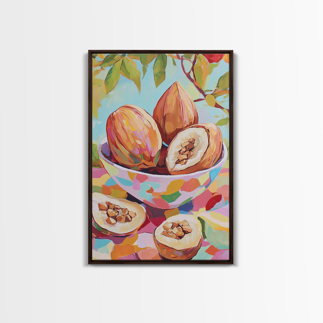 Tropical Cacao Pods In Painted Bowl Wall Art, Colorful Kitchen Canvas Print, Botanical Fruit Still Life, Foodie Home Decor