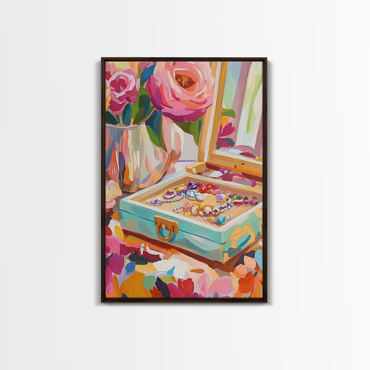 Pink Roses Jewelry Box With Rings Framed Canvas Print, Feminine Vanity Wall Art, Coquette Bedroom Decor, Romantic Gift For Her