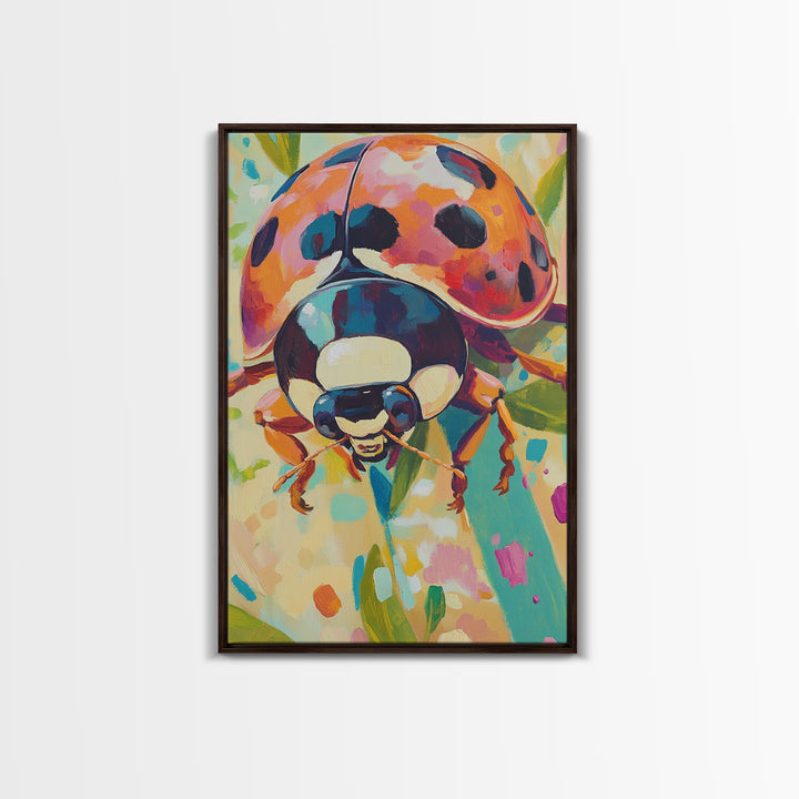 Colorful Ladybug On Green Leaves Canvas Print, Whimsical Animal Wall Art, Nature Inspired Decor, Nursery Art, Garden Lover Gift